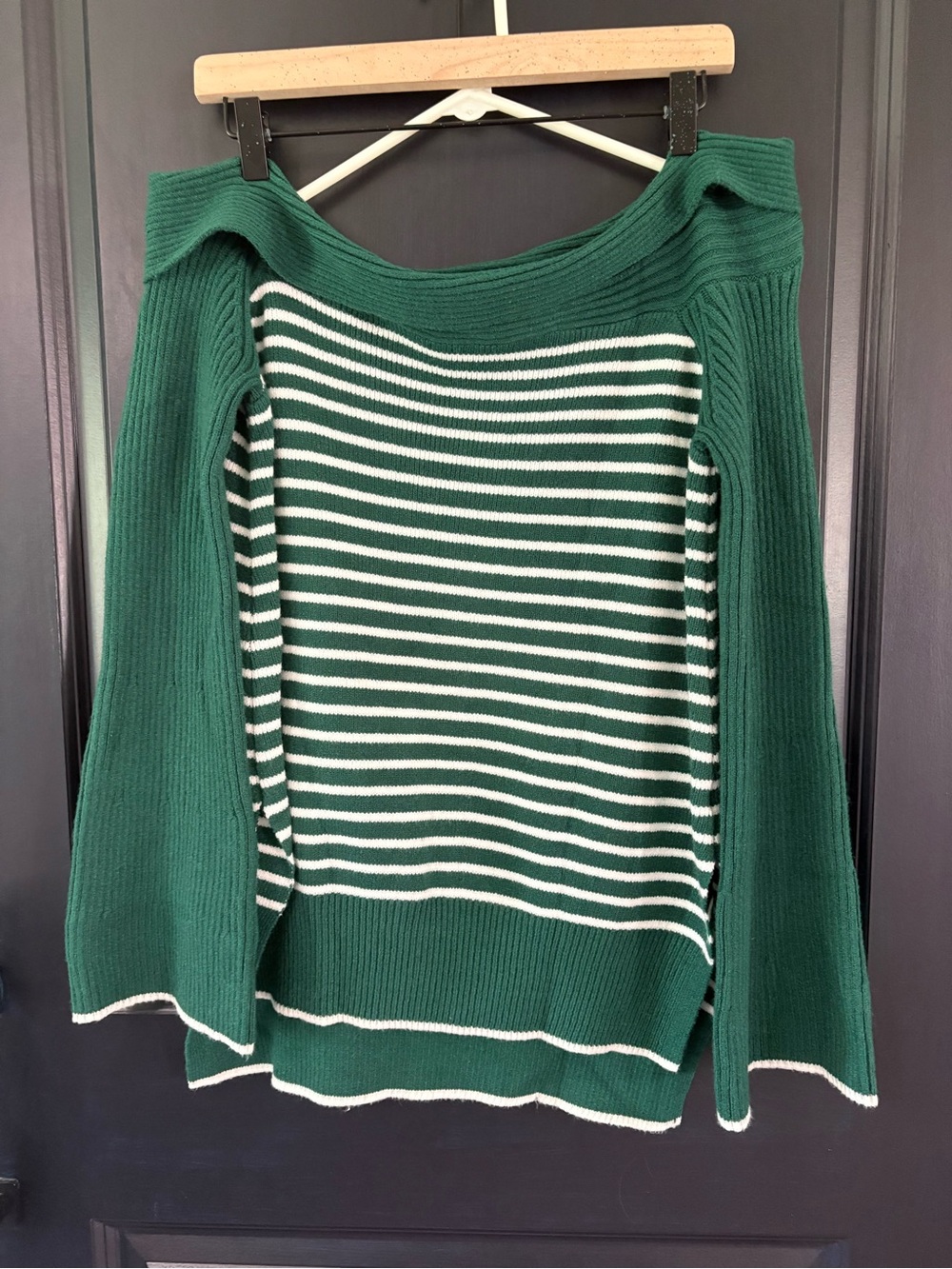Entro Green and White Striped Off-Shoulder Sweater Large